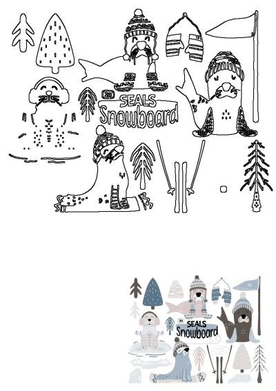 Cartoon image of seals dressed in hats and winter gear, snowboarding, skiing, and enjoying winter activities. Cute winter clipart.