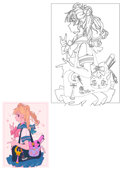 Fan art featuring a modern take on Sailor Moon. An anime girl with blonde hair in buns, wearing a sailor uniform and carrying a Luna-themed bag.