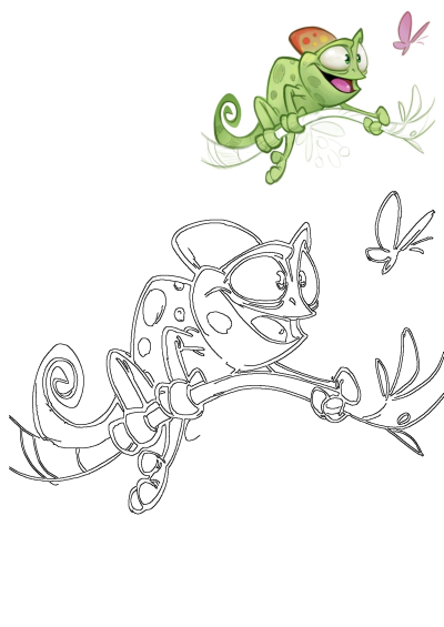 A cartoon-style image of a green chameleon perched on a branch, with a pink butterfly playfully fluttering above it.