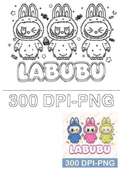 Three cartoon rabbits with the word Labubu in pink, blue, and yellow. Cute, colorful bunny characters with whimsical details, 300 DPI PNG image.