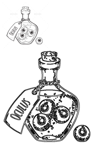 Ink drawing of a creepy bottle filled with eyeballs. A tag with the word 'Oculus' hangs from the top, adding to the spooky vibe.