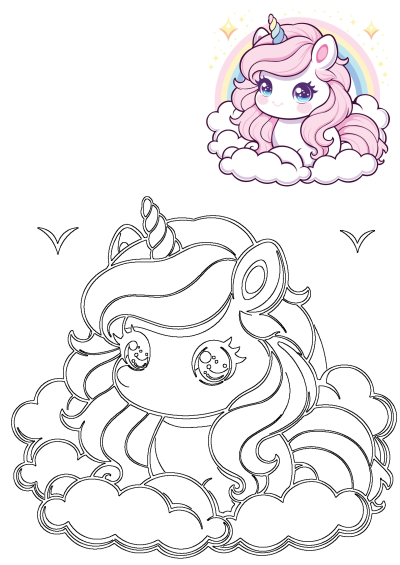 Adorable pink unicorn with rainbow horn and sparkling eyes on fluffy clouds. Features a vibrant image and an outline for creative activities.