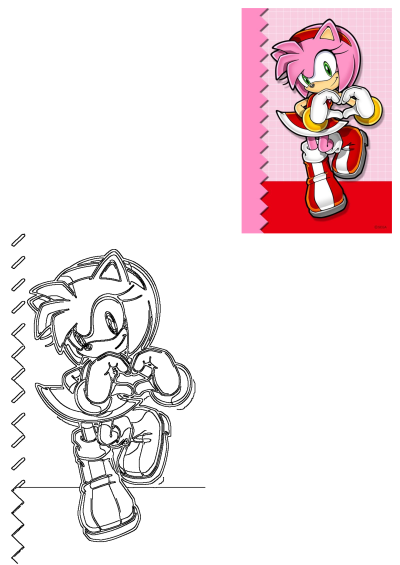 A cartoon character with pink hair, Amy Rose from Sonic the Hedgehog makes a heart shape with her hands in this colorful illustration.