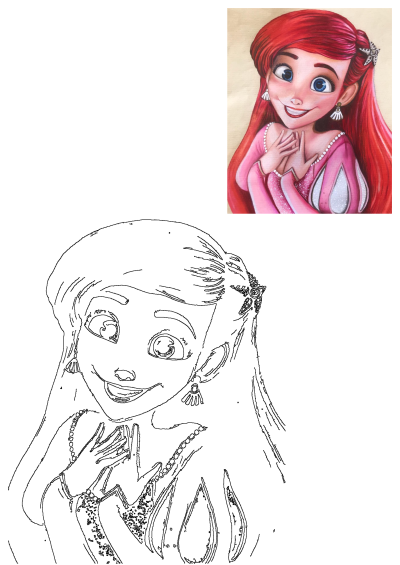 A beautiful drawing of Princess Ariel from The Little Mermaid. Ariel is wearing a pink dress with pearls and a starfish hair clip.