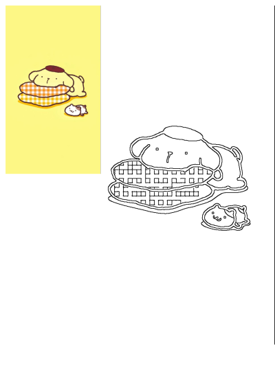 Cartoon Pompompurin dog sleeping soundly on top of a stack of checkered pillows, featuring a small cat in a bright yellow background.