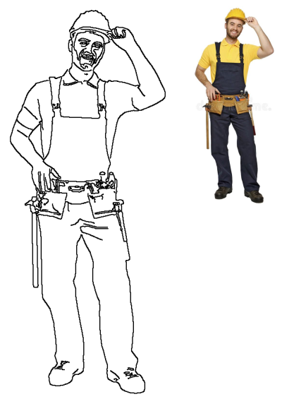 Friendly man in overalls and hard hat, posing with a tool belt full of tools. Construction worker smiling for the camera on white background.
