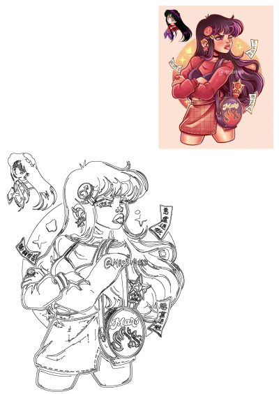 Drawing of Sailor Mars, a girl with long, dark purple hair, a pink shirt, and a Mars-themed purse. Fanart illustration of the Sailor Moon character.