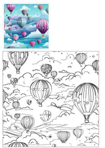 Hot air balloons flying in blue sky with clouds and stars. A cheerful and colorful scene with various balloon designs in flight.