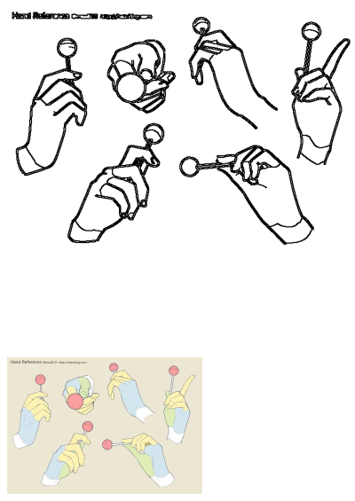 Hand reference drawing features various poses of hands holding lollipops, useful for artists studying anatomy and gesture.