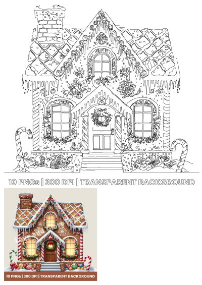 Detailed gingerbread house illustration with a crisp black outline and a vibrant, decorated full-color version for Christmas designs.