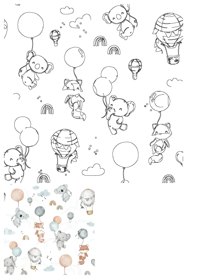 Watercolor seamless pattern with cute koalas, elephants, foxes, air balloons in the sky and rainbows on a white background. 