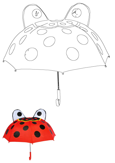 Ladybug umbrella with eyes and ears on its head. A fun and functional way to stay dry on rainy days! Red with black spots, whimsical.
