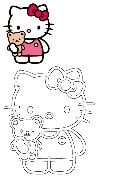 Hello Kitty is holding a teddy bear in her arms and wearing a pink shirt with a bow on its head. Cute cartoon illustration.