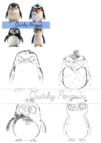 Image of four different cartoon penguins with varying quirky expressions and designs, highlighting the text 'quirky penguin'.