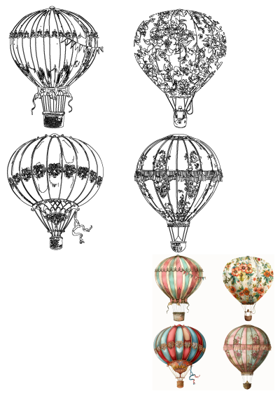 Vintage illustration of four hot air balloons. Each balloon has a unique and colorful floral design, creating a whimsical and artistic image.