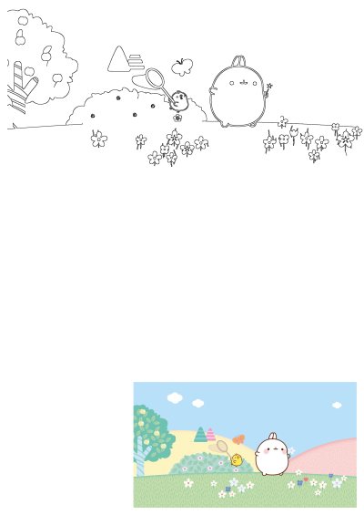 Molang and Piu Piu are joyfully catching butterflies in a charming cartoon landscape. Flowers, trees, hills, blue sky, and clouds complete the scene.