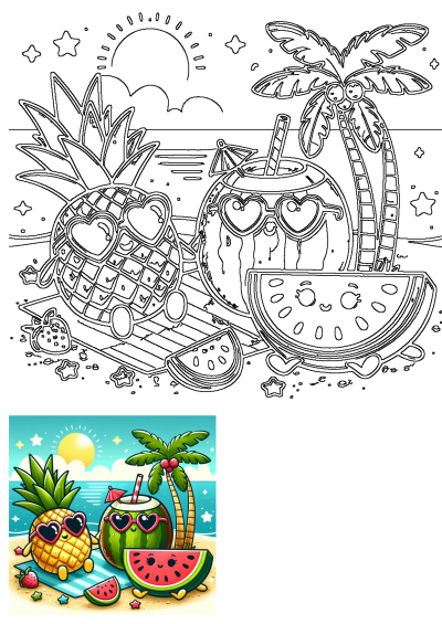 Cartoon image of a pineapple, coconut drink, and watermelon wearing sunglasses on a sunny beach with palm tree and ocean background.