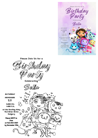 Birthday party flyer featuring cartoon characters, inviting guests to celebrate Bella's birthday on Saturday, November 25th, with RSVP to Mom.