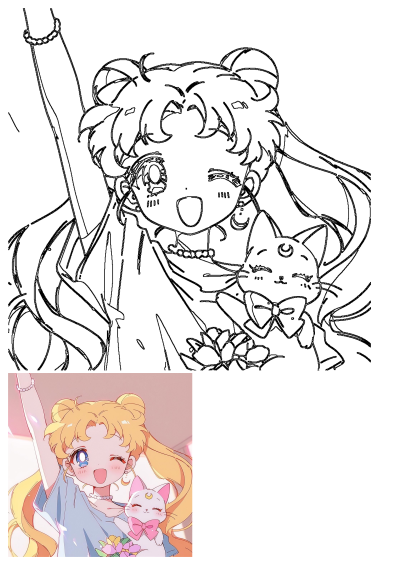 An image of Sailor Moon and Luna, depicted in adorable anime fan art. The girl winks and holds a cute cat with a pink bow.