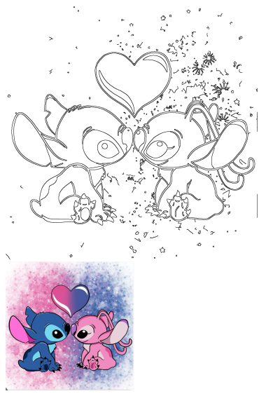 Two cute cartoon animals, Stitch and Angel, kissing under a heart on a sparkly background. Image represents love and affection.