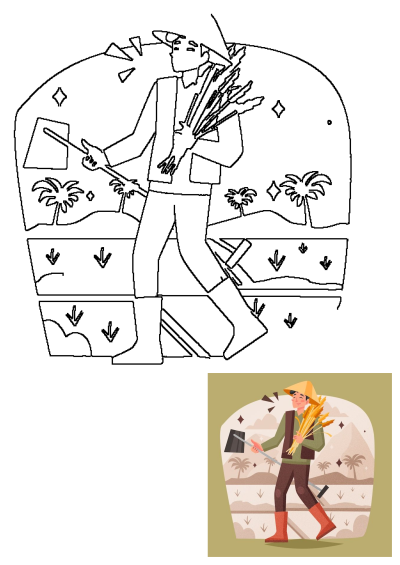 Illustration of a smiling farmer in conical hat, holding wheat stalks in his hands. Harvest season concept image, depicting agricultural work.