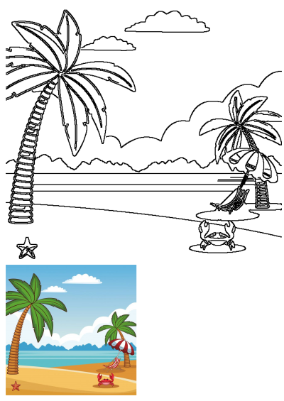 Cartoon beach scene. Alt: a beach scene with palm trees and an umbrella. A crab, starfish, and beach chair are also present in this bright illustration.