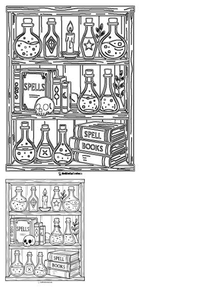 Open bookshelf coloring page for adults and kids, featuring books, spellbooks, flasks, a candle and a skull ready to color.