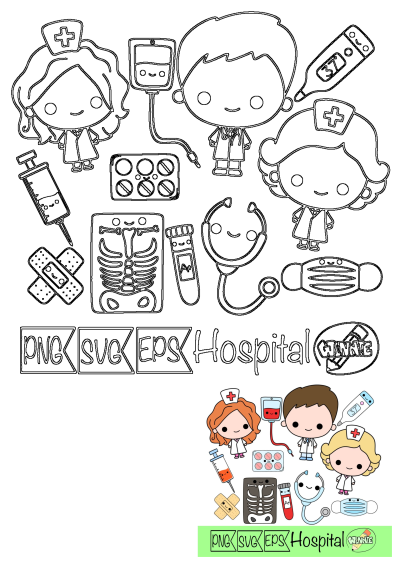 Medical clipart featuring cartoon doctors, nurses, and hospital items. Perfect for illustrations and designs related to healthcare and medicine.