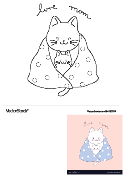 Mother's Day card featuring a cat and her kitten snuggled together under a polka-dot blanket. 'Love Mom' is written above the cats.