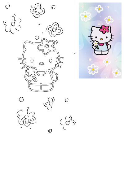 Hello Kitty wallpaper with daisies, flowers and a cat holding a flower. Cute and colorful cartoon illustration. 