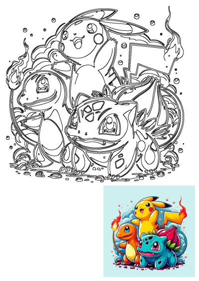 An image of Pokemon characters Charmander, Pikachu, and Bulbasaur with fire coming out of them in a colorful cartoon style.