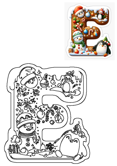 A festive Christmas letter E made of gingerbread, featuring a cheerful snowman, a cute penguin, candy canes, and ornaments.
