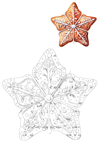Festive gingerbread star cookie richly decorated with white icing, paired with its intricate outline for holiday crafts and baking ideas.