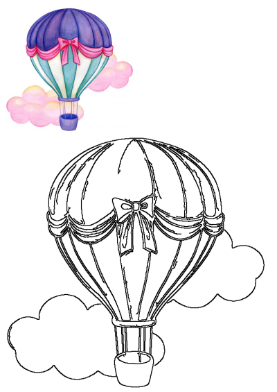 Watercolor painting of a detailed hot air balloon. Features a purple and blue balloon with a pink bow, floating through pink clouds.