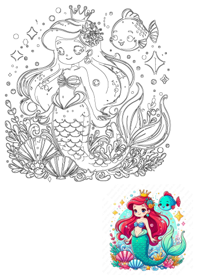 Adorable cartoon of the little mermaid sitting on top of an underseal with fish, starfish and a crown, perfect for children's content.