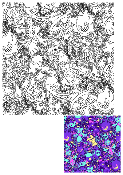 A vibrant image of a purple and blue background with ghost-type Pokémon, skulls, stars, moons, and other decorative elements.