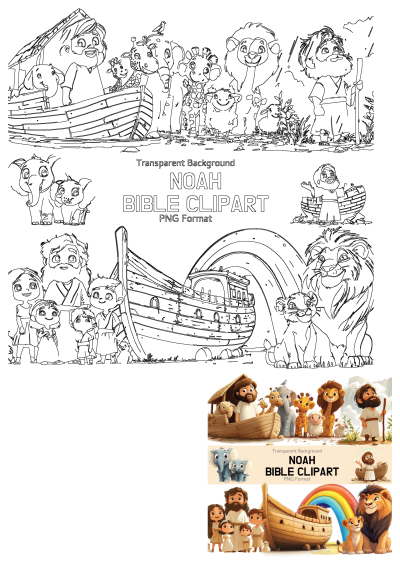 the noah bible clipart is shown with different animals and people in front of it