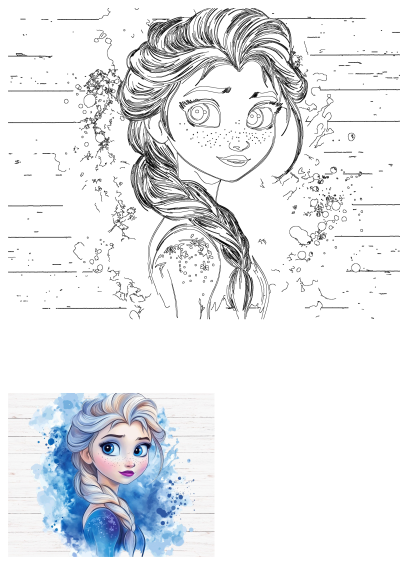 Watercolor illustration of a frozen princess with blue hair and freckles. Features Elsa with a braided hairstyle and a blue, snowflake-patterned dress.