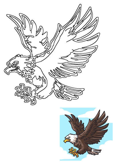 Cartoon of an eagle flying through the air with its wings spread. The eagle has brown feathers, a white head, and yellow talons in the sky.