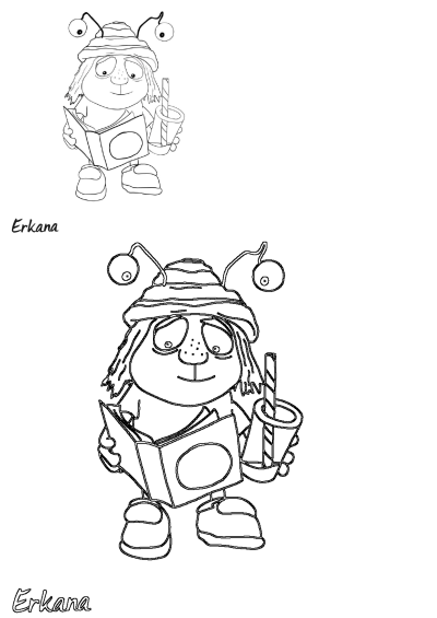 Black and white illustration of Erkana reading a book and holding a drink with a straw. Perfect for coloring pages and fun.