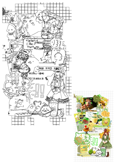 A cute aesthetic collage featuring Hanni, clovers, Pompompurin, Wanwanwanco, and other delightful elements.