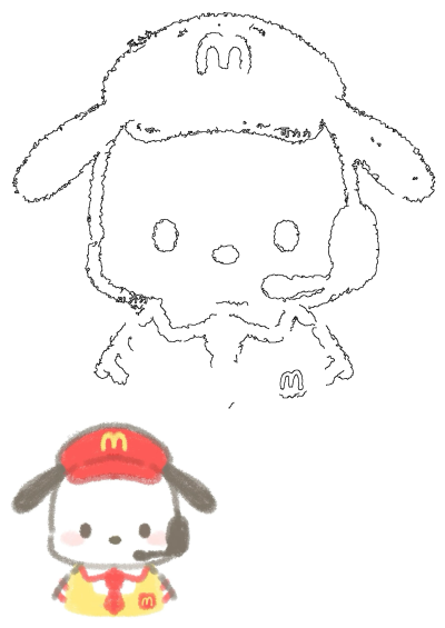 Drawing of a cute dog wearing a McDonald's hat and uniform, complete with a headset, ready to take your order at the drive-thru!