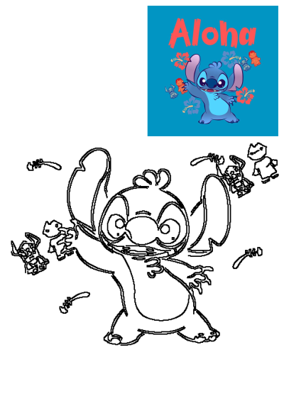 An adorable cartoon character called aloha surrounded by hibiscus flowers, and lilo dolls. This cartoon brings a sweet and welcoming vibe. 