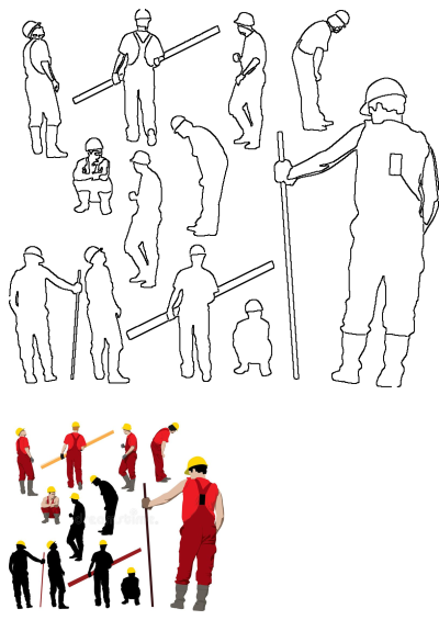 Silhouettes of construction workers with tools royalty illustration. Various poses suitable for design projects. Vector art of construction worker.