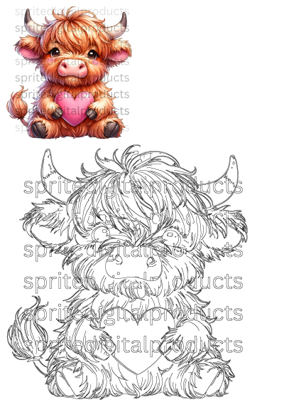 Cute Baby Highland Cow PNG sublimation design for apparel print, featuring a baby cow holding a heart. Digital download for T-shirts, sweaters in 2025.