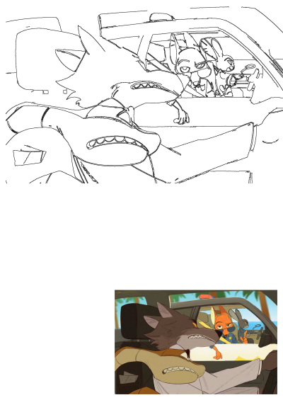 Animated crossover fan art: Mr. Wolf encounters Nick Wilde and Judy Hopps driving their Zootopia police car by a beach.