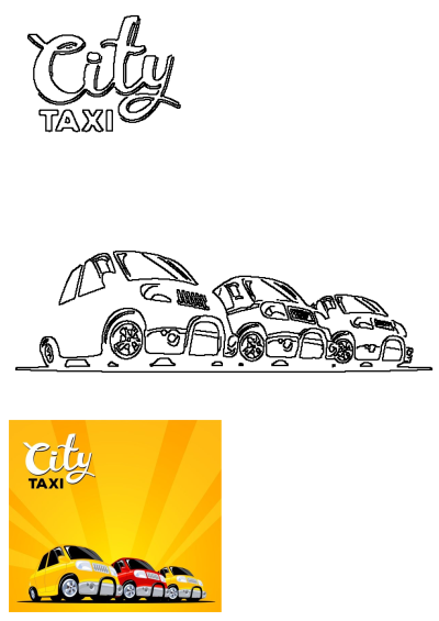 Three cars are lined up in a row with the words City Taxi above them against a bright yellow background. Cartoon style image.