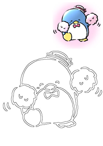 Kawaii Tuxedo Sam illustration cheering with pink pom-poms. Cute Sanrio character with a bow tie and sailor hat in a cheerful pose.