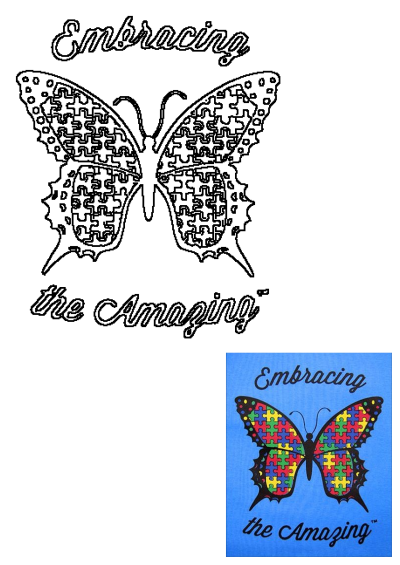 A butterfly with puzzle pieces on its wings in red, yellow, blue, and green, on a blue background. Text: 'Embracing the Amazing'