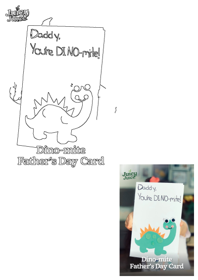 image of handmade Father's Day card showing a green dino with headline "Daddy, you're dino-mite"